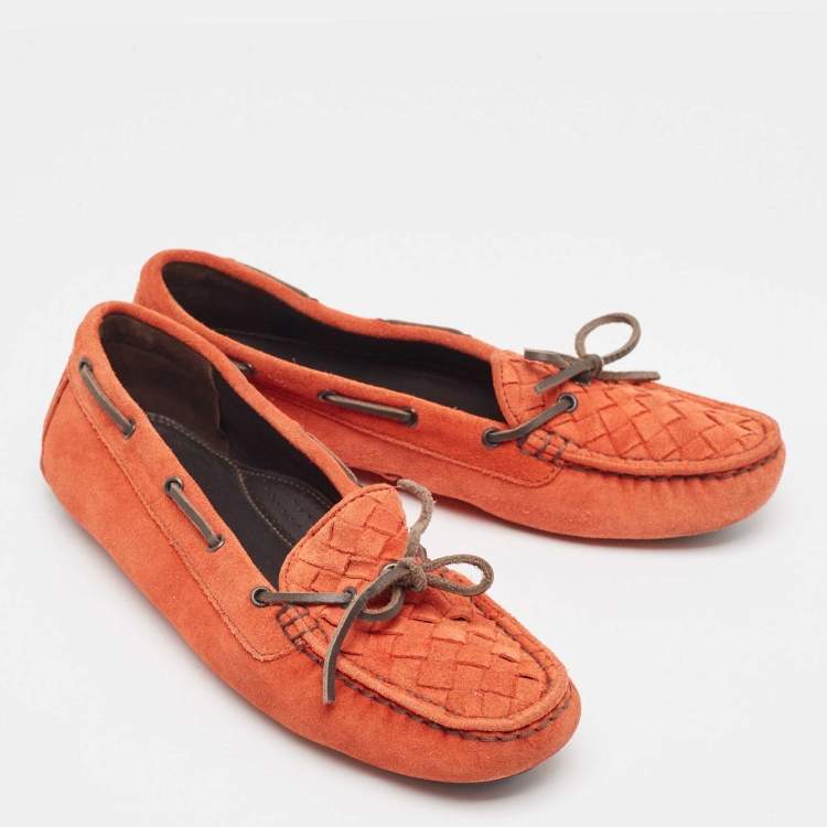 Pre Owned Bottega Veneta Orange Suede Bow Slip On Loafers Size 36
