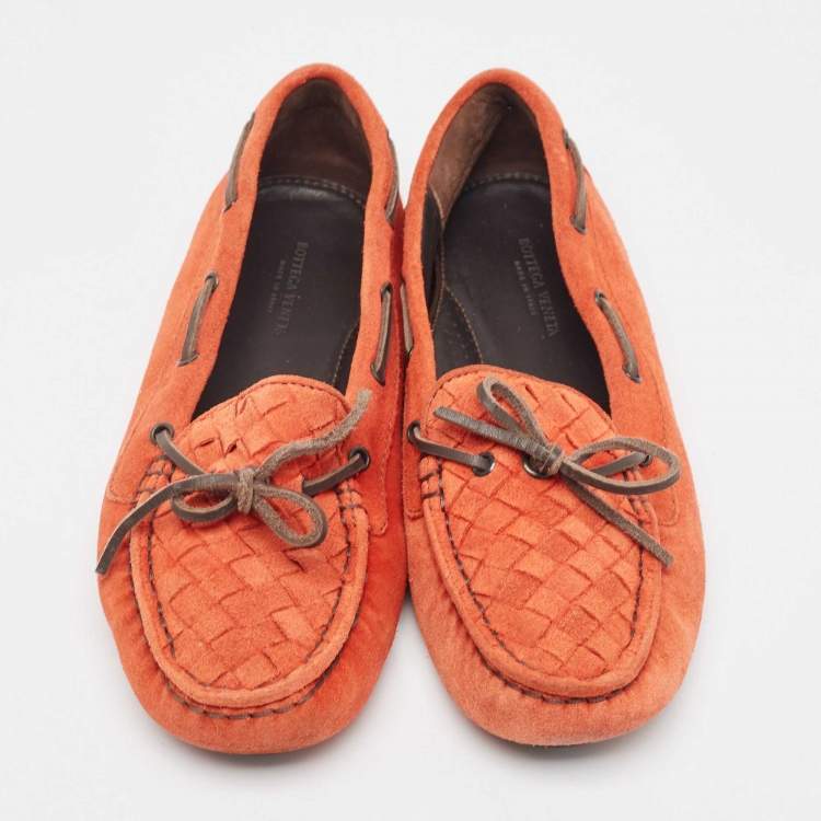 Pre Owned Bottega Veneta Orange Suede Bow Slip On Loafers Size 36