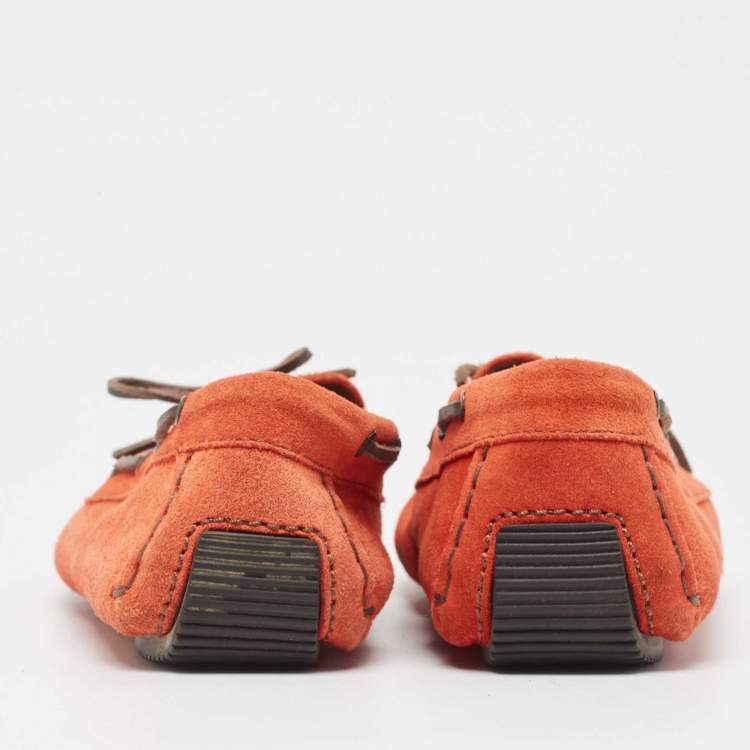 Pre Owned Bottega Veneta Orange Suede Bow Slip On Loafers Size 36