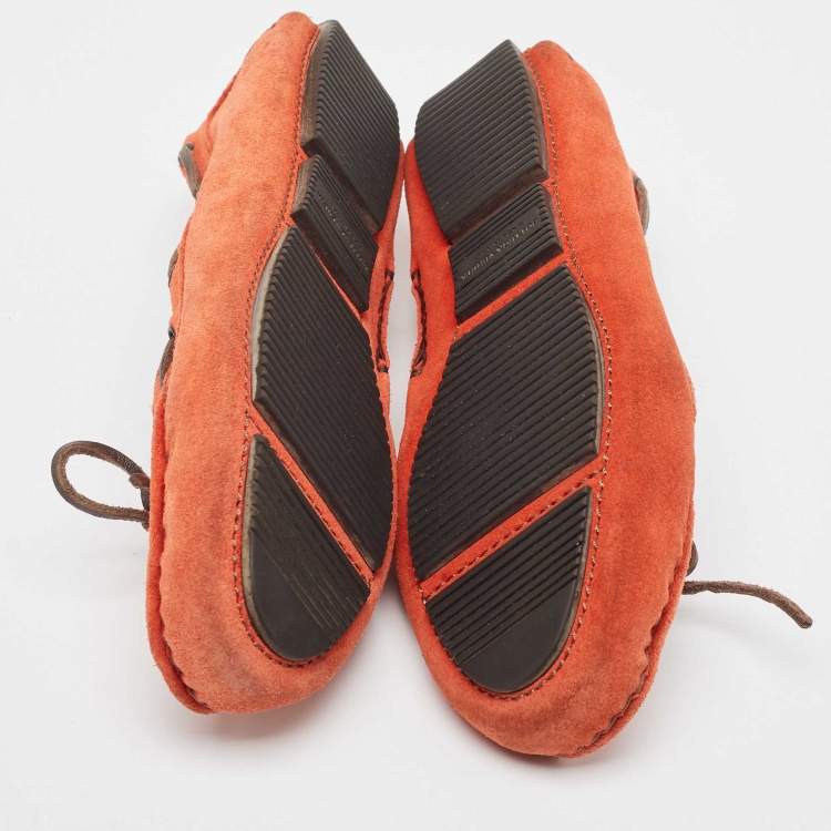 Pre Owned Bottega Veneta Orange Suede Bow Slip On Loafers Size 36