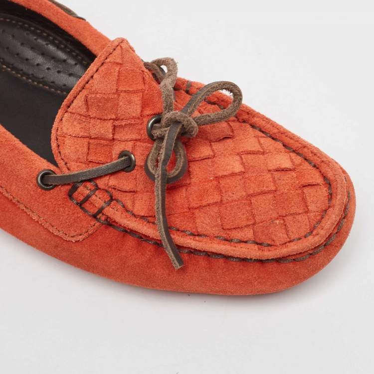 Pre Owned Bottega Veneta Orange Suede Bow Slip On Loafers Size 36