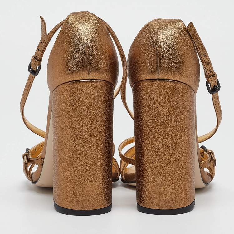 Pre Owned Bottega Veneta Metallic Bronze Intrecciato Leather Block Heel Sandals Size 39