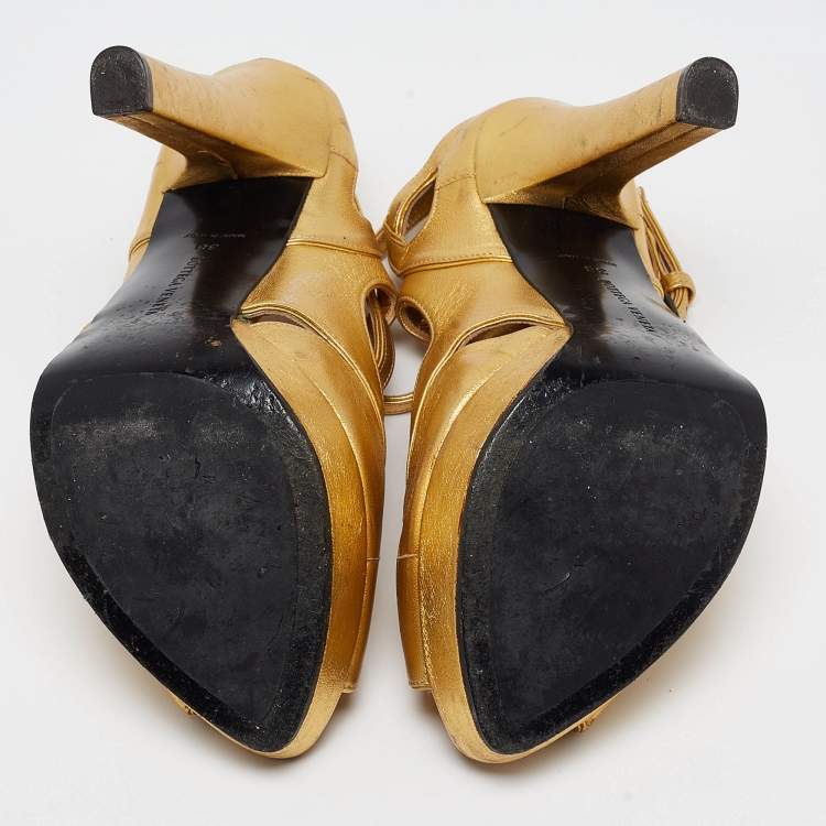 Pre Owned Bottega Veneta Gold Leather Ankle Strap Platform Sandals Size 38
