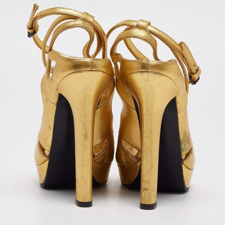 Pre Owned Bottega Veneta Gold Leather Ankle Strap Platform Sandals Size 38