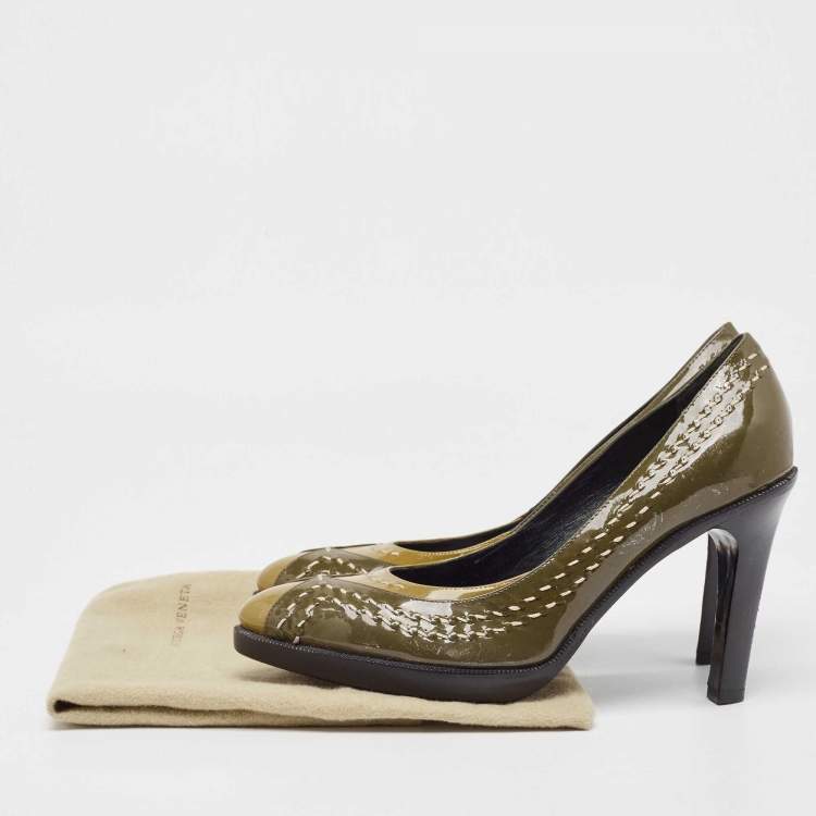 Pre Owned Bottega Veneta Olive Green/Brown Patent Leather Pumps Size 38