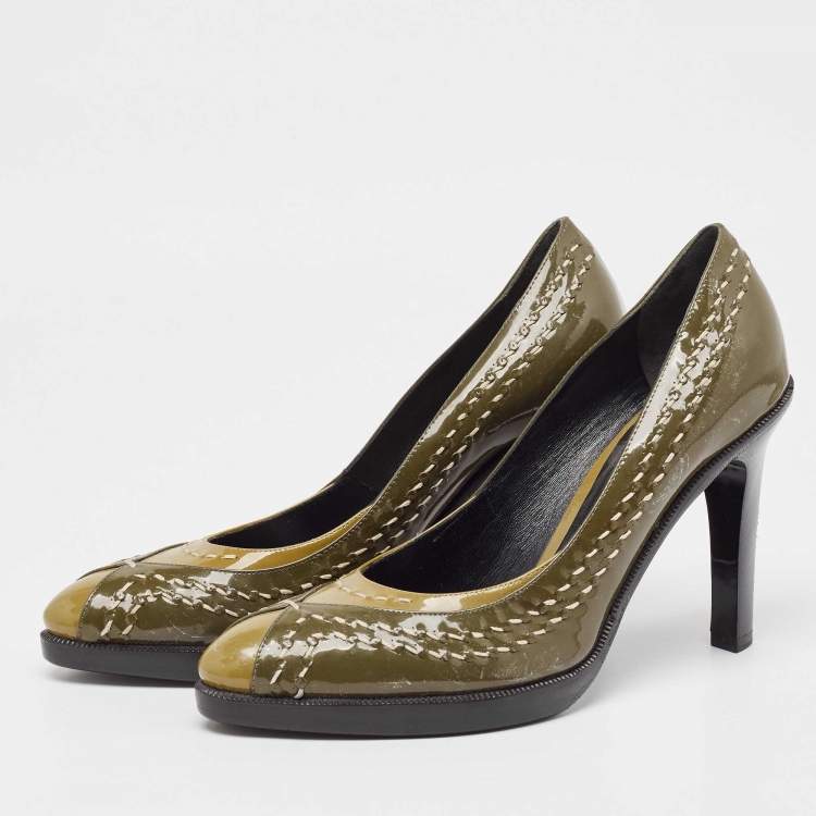 Pre Owned Bottega Veneta Olive Green/Brown Patent Leather Pumps Size 38