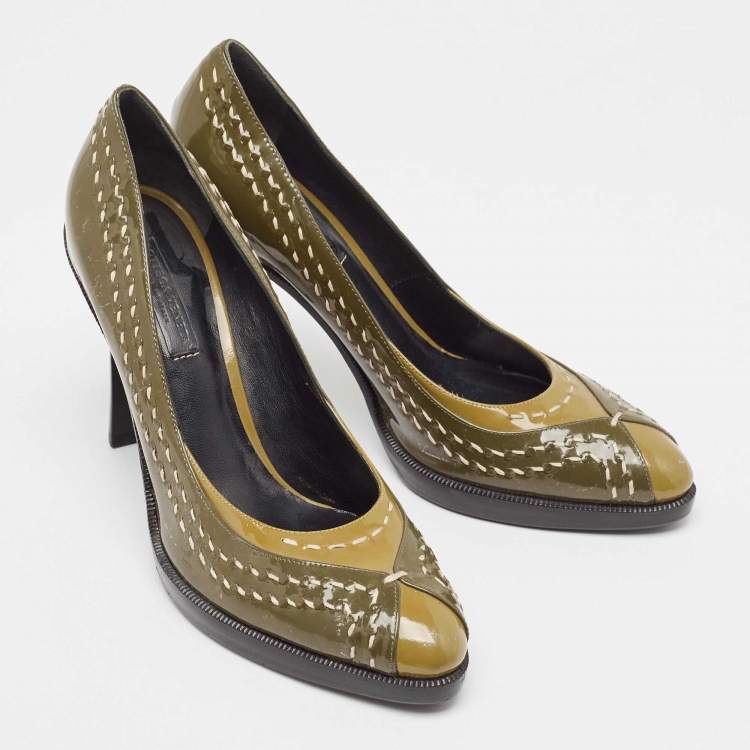 Pre Owned Bottega Veneta Olive Green/Brown Patent Leather Pumps Size 38