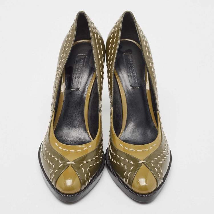 Pre Owned Bottega Veneta Olive Green/Brown Patent Leather Pumps Size 38