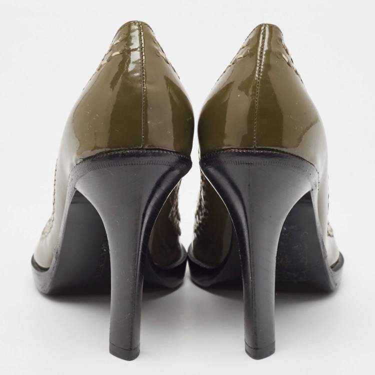 Pre Owned Bottega Veneta Olive Green/Brown Patent Leather Pumps Size 38