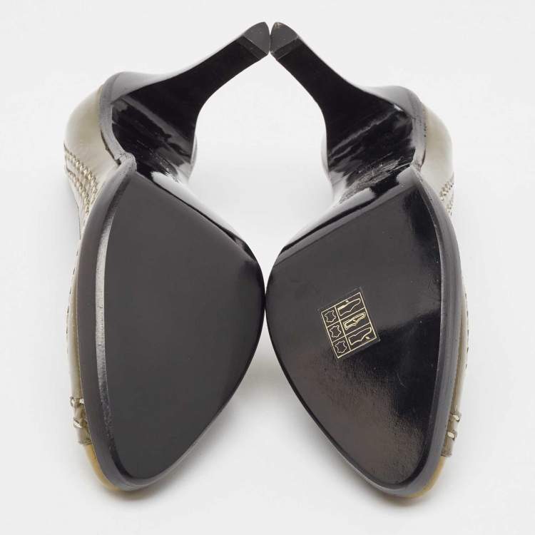 Pre Owned Bottega Veneta Olive Green/Brown Patent Leather Pumps Size 38