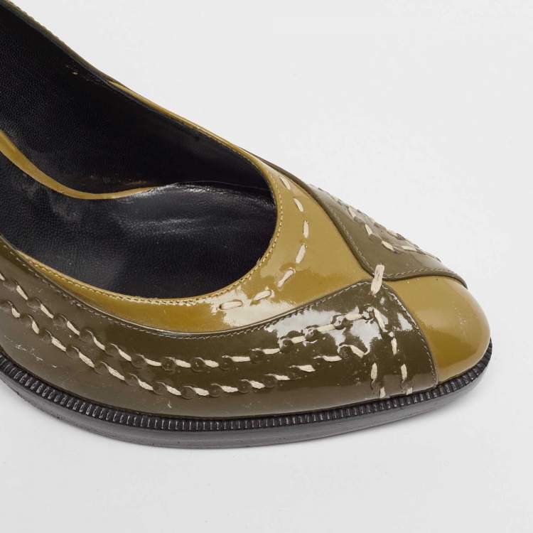 Pre Owned Bottega Veneta Olive Green/Brown Patent Leather Pumps Size 38