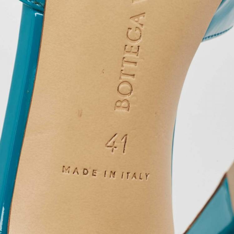 Pre Owned Bottega Veneta Turquoise Blue Patent Leather Stretch Square Toe Slide Sandals Size 41