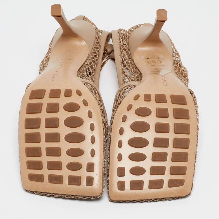 Pre Owned Bottega Veneta Beige Mesh and Leather Stretch Slingback Pumps Size 41