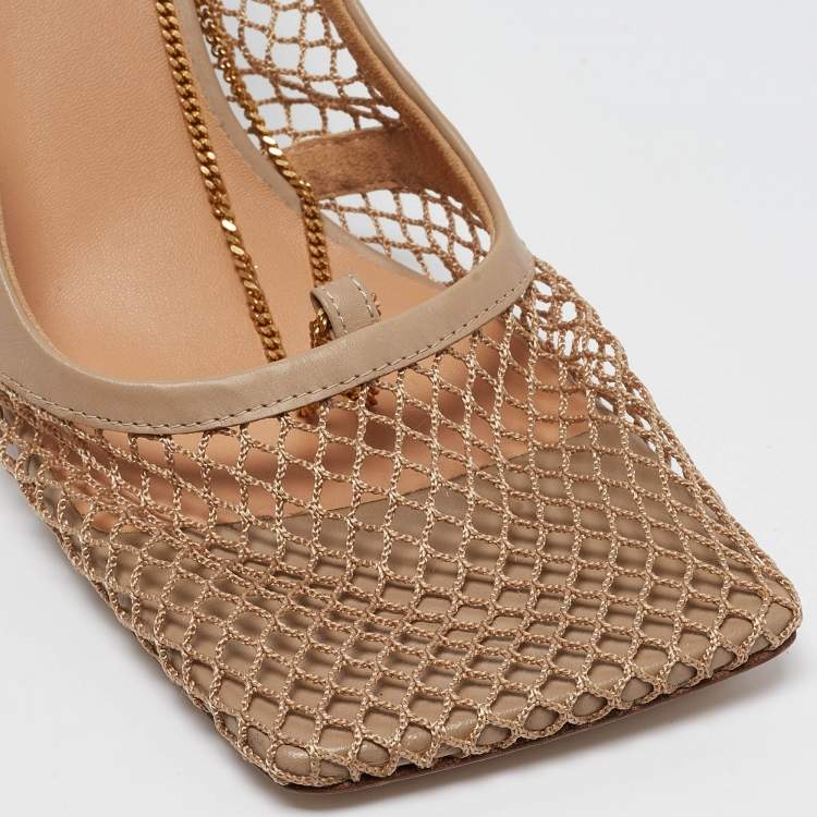 Pre Owned Bottega Veneta Beige Mesh and Leather Stretch Slingback Pumps Size 41