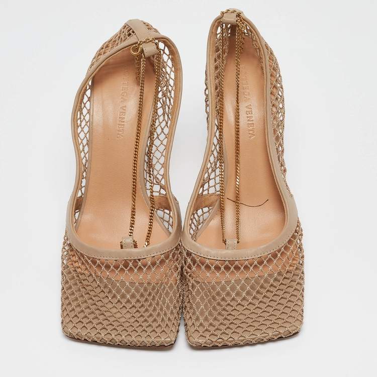 Pre Owned Bottega Veneta Beige Mesh and Leather Stretch Slingback Pumps Size 41