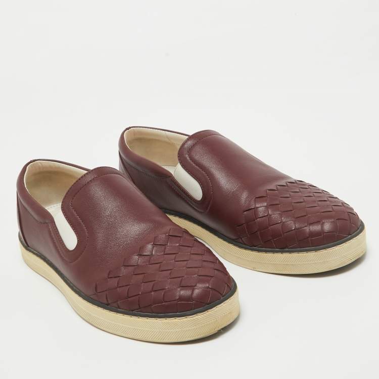 Pre Owned Bottega Veneta Burgundy Intrecciato Leather Slip On Sneakers Size 37