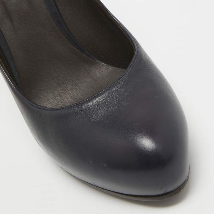 Pre Owned Bottega Veneta Navy Blue Leather Round Toe Pumps Size 39.5