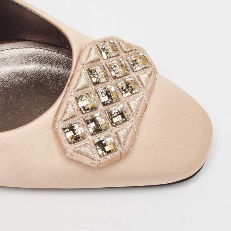 Pre Owned Bottega Veneta Beige Satin Crystal Embellished Pumps Size 39