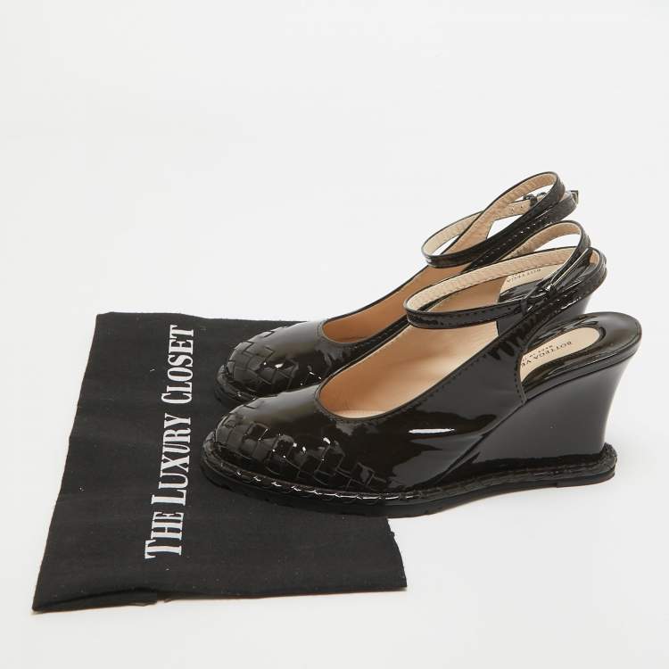 Pre Owned Bottega Veneta Dark Brown Patent Leather Slingback Ankle Strap Wedge Pumps Size 39