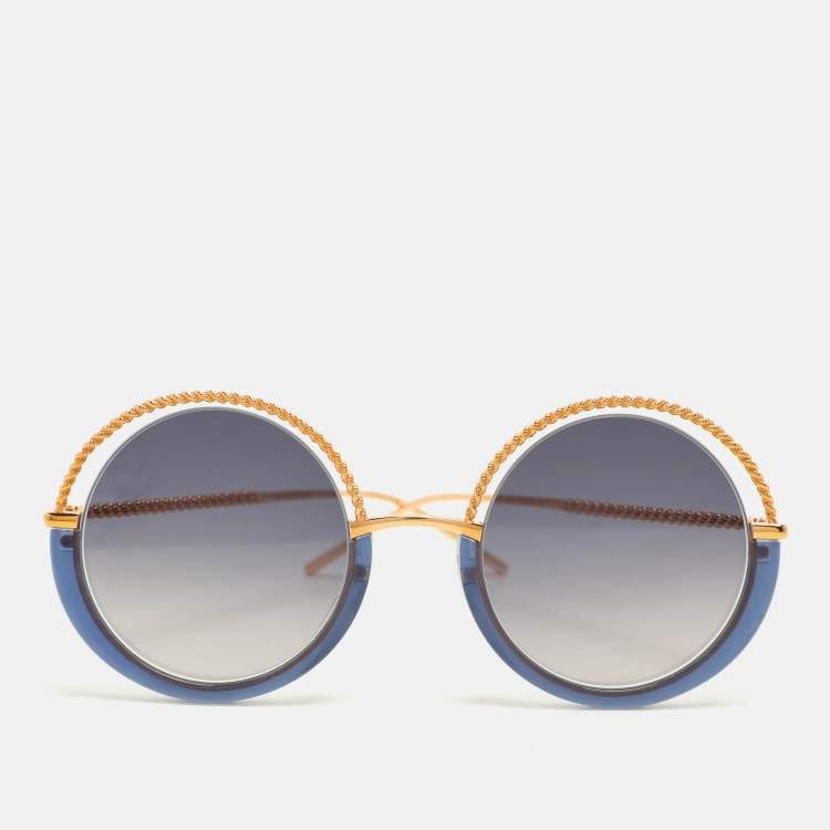 Pre Owned Boucheron Blue/Gold BC0084S Round Sunglasses