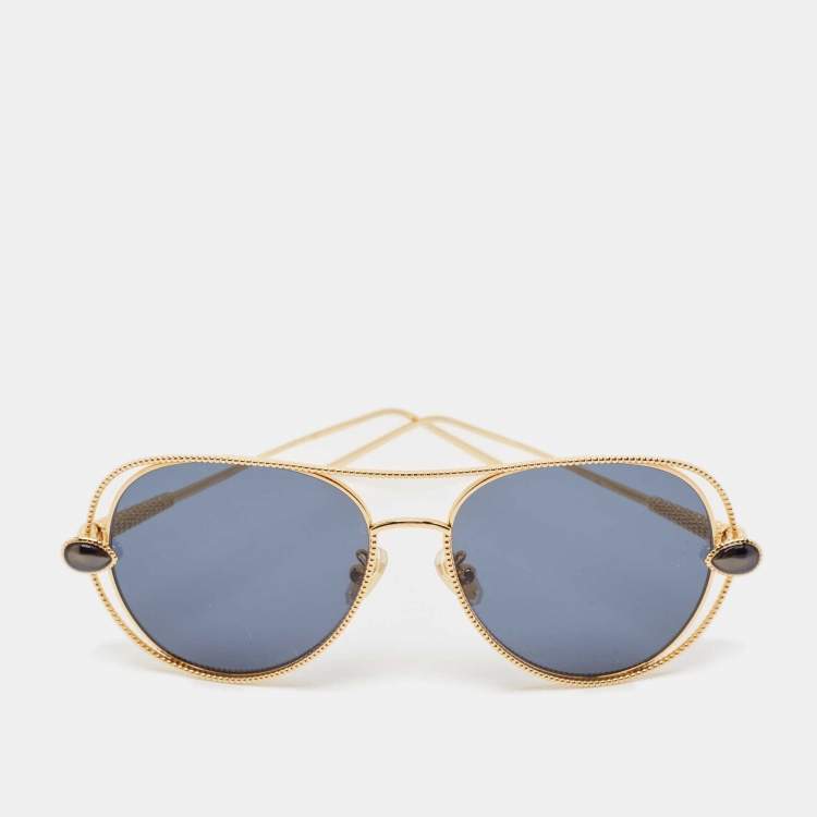 Pre Owned Boucheron Navy Blue/Gold BC 005 Round Sunglasses