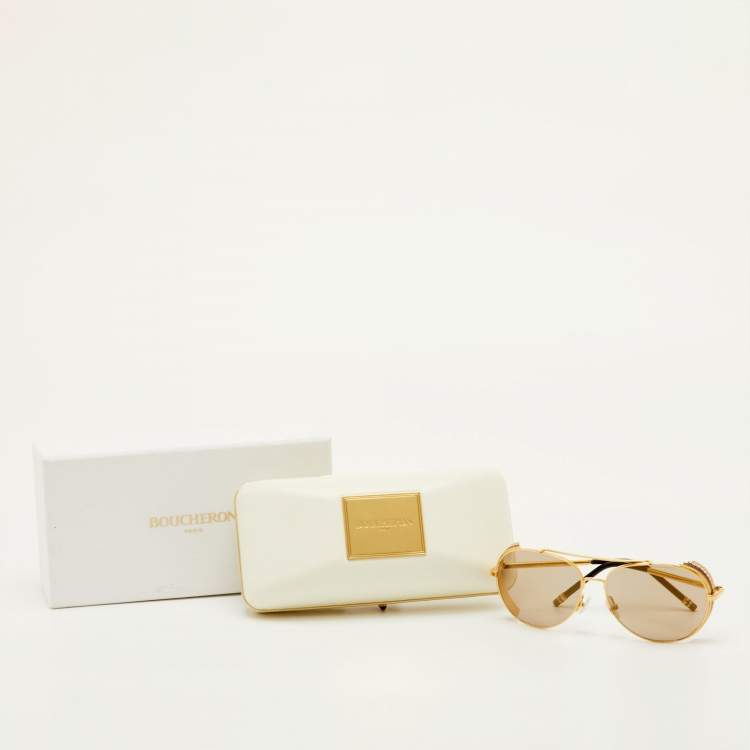 Pre Owned Boucheron Brown/Gold Tone Mirrored BC0001S Aviator Sunglasses
