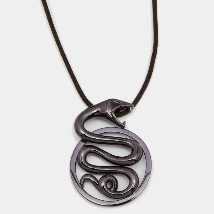 Pre Owned Boucheron Trouble Brown Snake Silver Pendant Cord Necklace