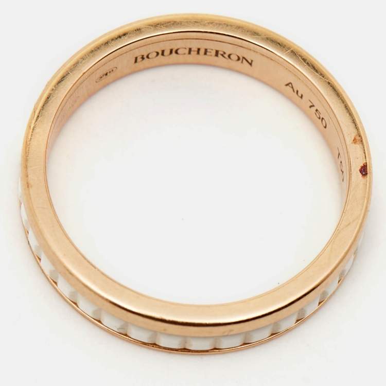 Pre Owned Boucheron Quatre White Edition Ceramic 18k Rose Gold Ring Size 50