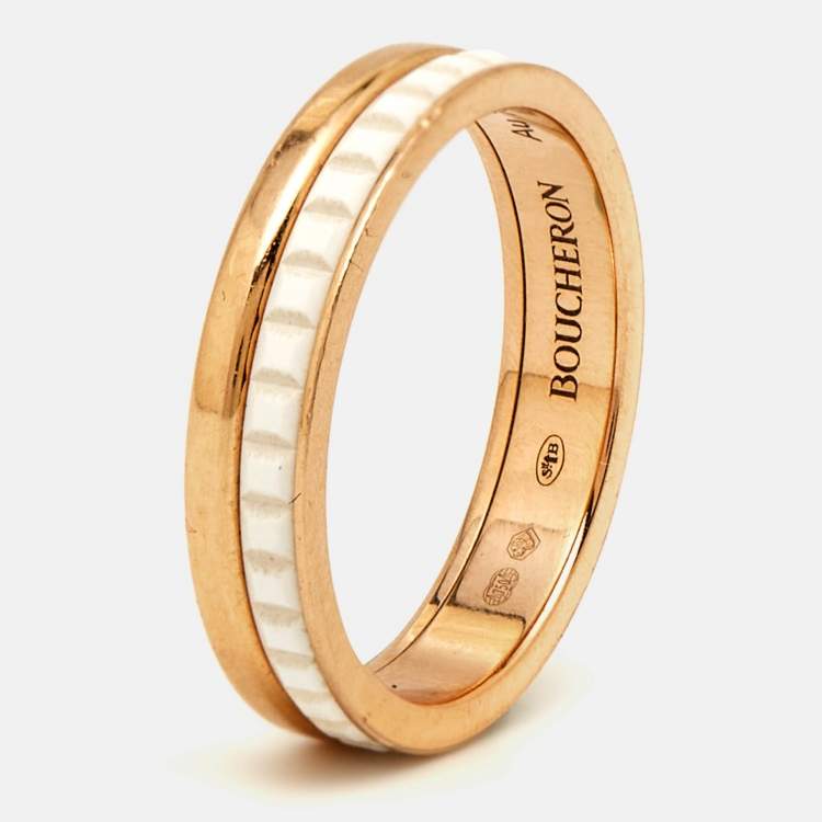 Pre Owned Boucheron Quatre White Edition Ceramic 18k Rose Gold Ring Size 50
