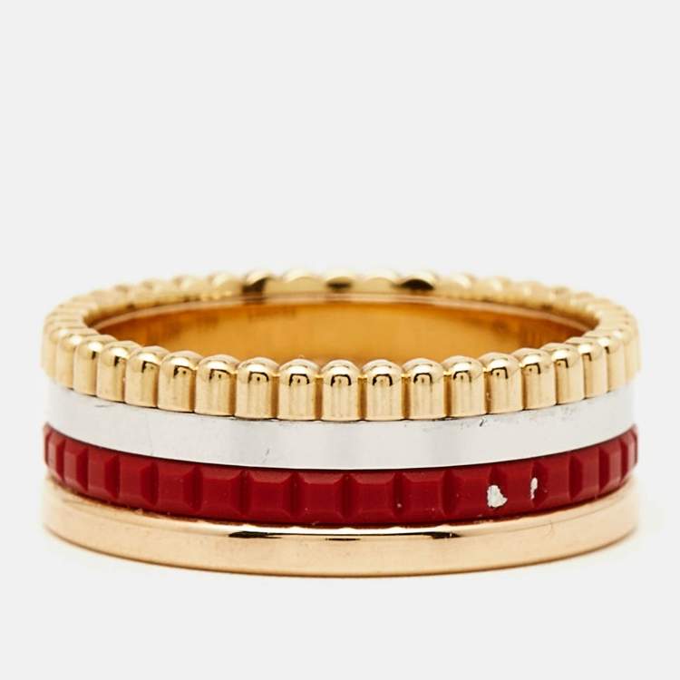 Pre Owned Boucheron Quatre Red Edition Ceramic 18k Three Tone Gold Ring Size 50