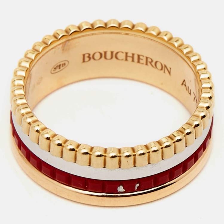 Pre Owned Boucheron Quatre Red Edition Ceramic 18k Three Tone Gold Ring Size 50