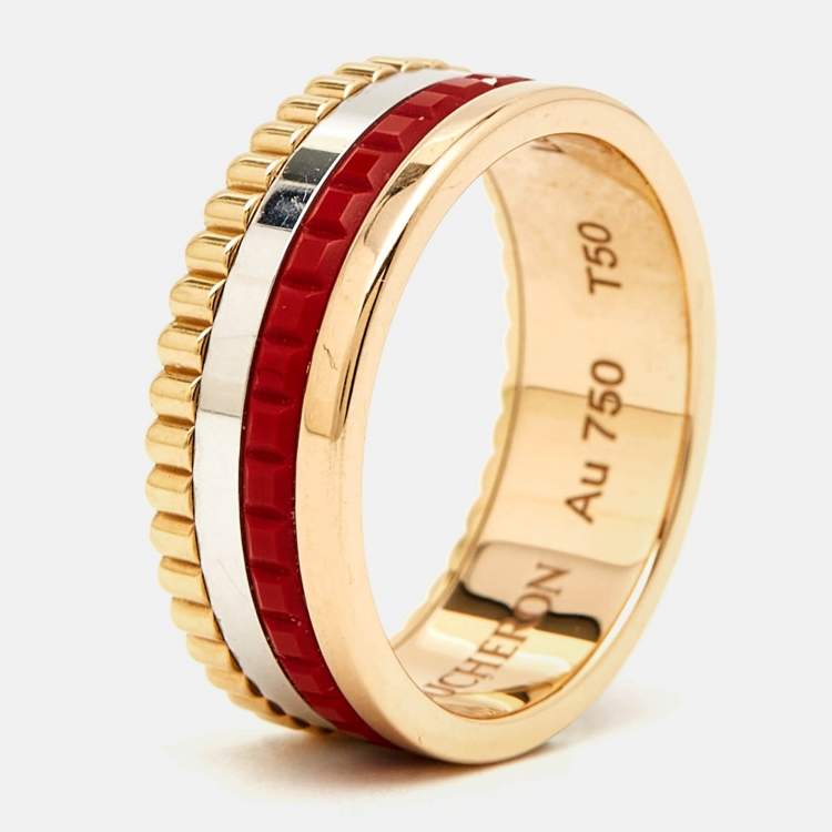 Pre Owned Boucheron Quatre Red Edition Ceramic 18k Three Tone Gold Ring Size 50
