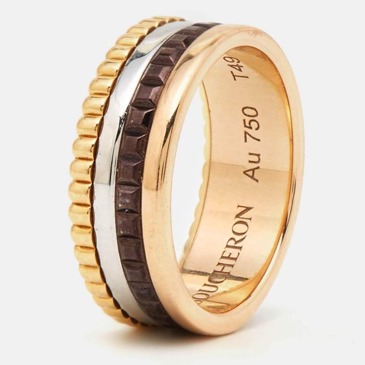 Pre Owned Boucheron Quatre Classique Brown PVD 18k Three Tone Gold Ring Size 49