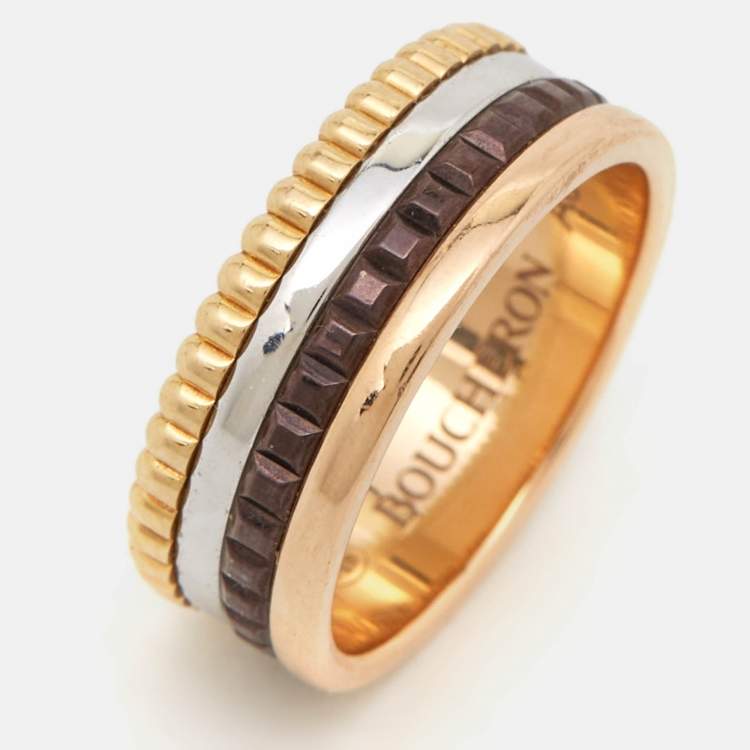 Pre Owned Boucheron Quatre Classique Brown PVD 18k Three Tone Gold Ring Size 49