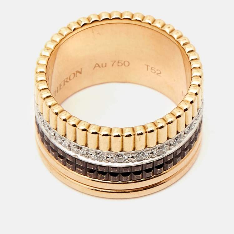 Pre Owned Boucheron Quatre Classique Diamonds PVD 18k Three Tone Gold Ring Size 52