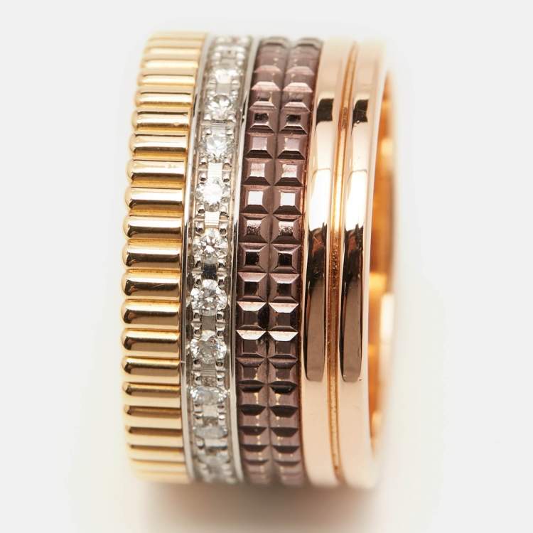 Pre Owned Boucheron Quatre Classique Diamonds PVD 18k Three Tone Gold Ring Size 57