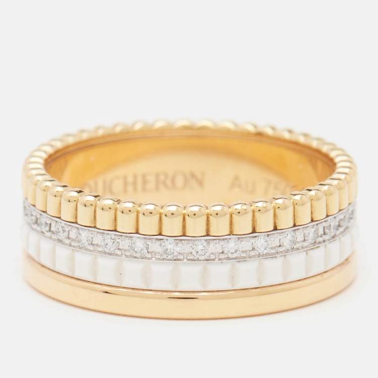 Pre Owned Boucheron Quatre Classique White Edition Diamonds Ceramic 18k Three Tone Gold Ring Size 52