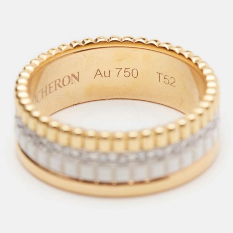 Pre Owned Boucheron Quatre Classique White Edition Diamonds Ceramic 18k Three Tone Gold Ring Size 52