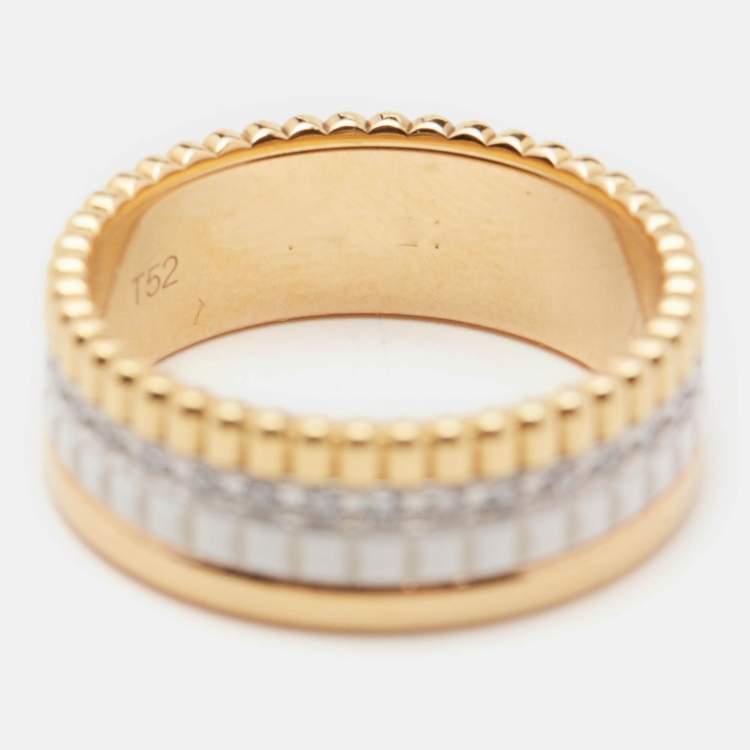 Pre Owned Boucheron Quatre Classique White Edition Diamonds Ceramic 18k Three Tone Gold Ring Size 52