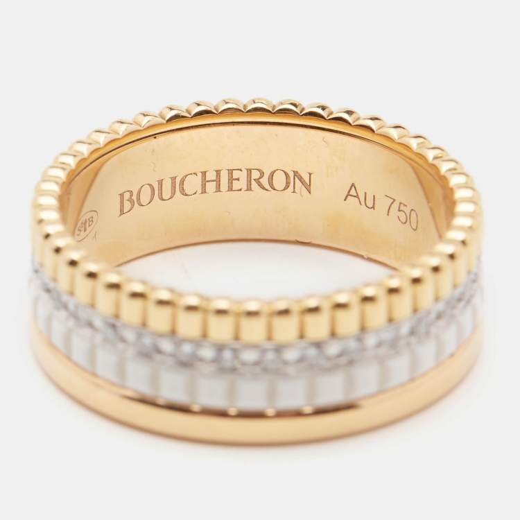 Pre Owned Boucheron Quatre Classique White Edition Diamonds Ceramic 18k Three Tone Gold Ring Size 52