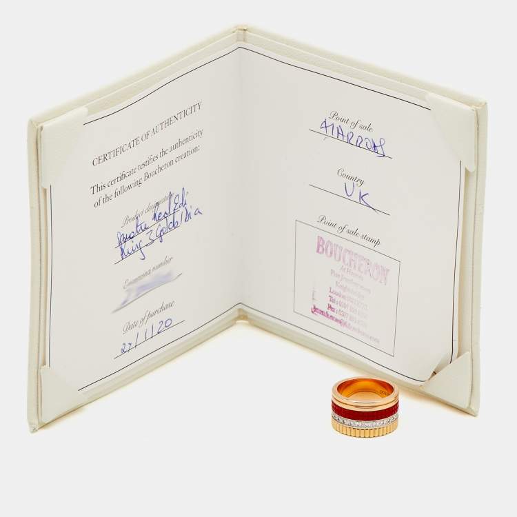 Pre Owned Boucheron Quatre Classique Red Edition Ceramic Diamonds 18k Three Tone Gold Ring Size 52
