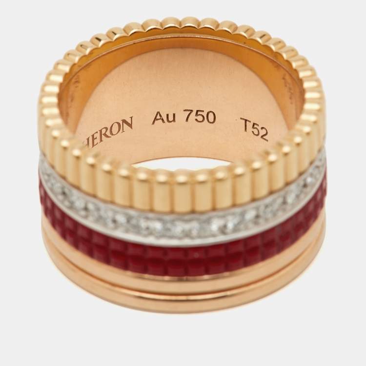 Pre Owned Boucheron Quatre Classique Red Edition Ceramic Diamonds 18k Three Tone Gold Ring Size 52