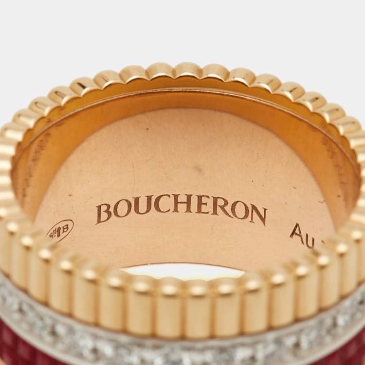 Pre Owned Boucheron Quatre Classique Red Edition Ceramic Diamonds 18k Three Tone Gold Ring Size 52