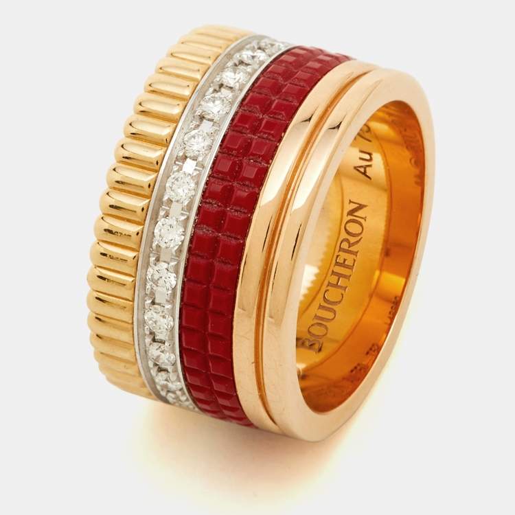 Pre Owned Boucheron Quatre Classique Red Edition Ceramic Diamonds 18k Three Tone Gold Ring Size 52