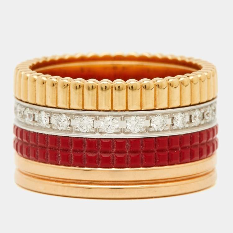 Pre Owned Boucheron Quatre Classique Red Edition Ceramic Diamonds 18k Three Tone Gold Ring Size 52