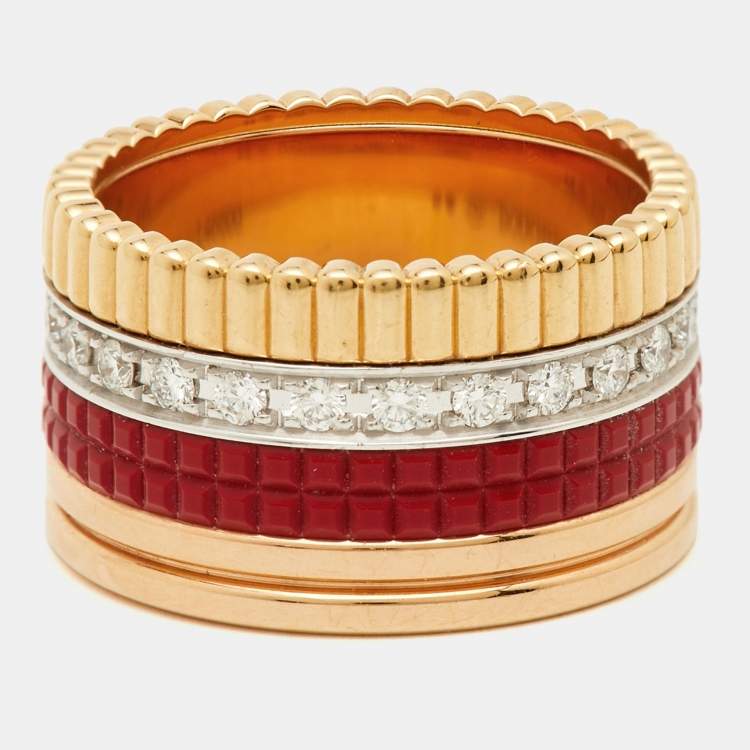 Pre Owned Boucheron Quatre Classique Red Edition Ceramic Diamonds 18k Three Tone Gold Ring Size 52