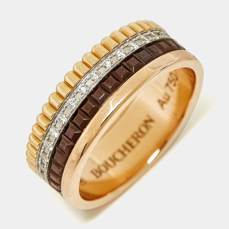 Pre Owned Boucheron Quatre Classique Diamonds PVD 18k Three Tone Gold Ring Size 52