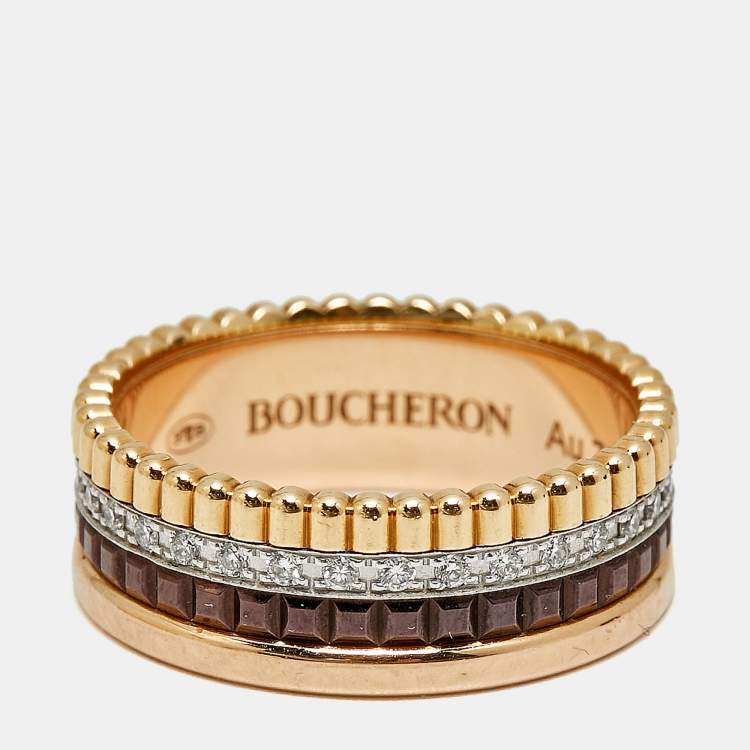 Pre Owned Boucheron Quatre Classique Diamonds PVD 18k Three Tone Gold Ring Size 52