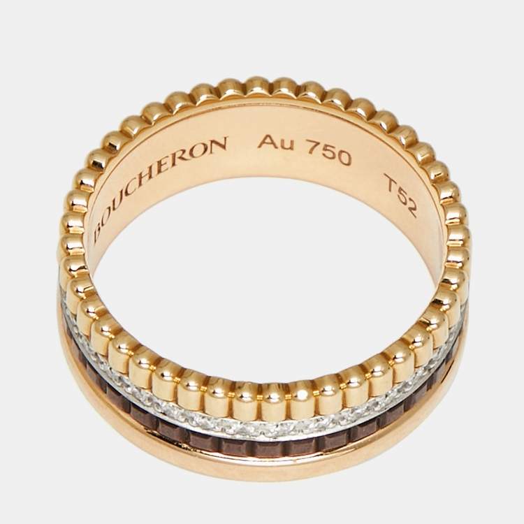 Pre Owned Boucheron Quatre Classique Diamonds PVD 18k Three Tone Gold Ring Size 52