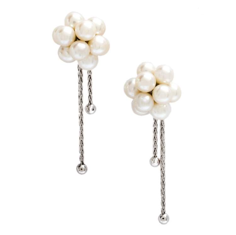 Pre Owned Boucheron Cultured Pearl Cluster 18k White Gold Tassel Stud Earrings